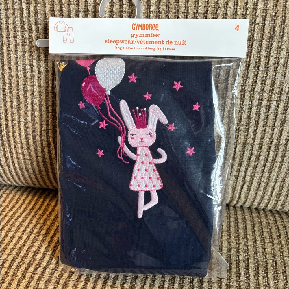 Gymboree Gymmies Girls Navy and Pink Bunny Balloon Pajama Set